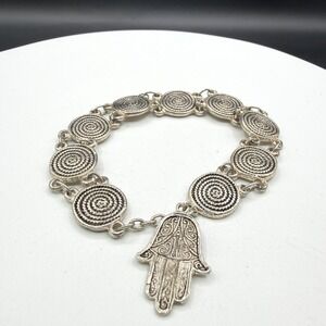 Silver Tone Hamsa Hand Charm Bracelet Spiral Medallion Boho Statement Jewelry